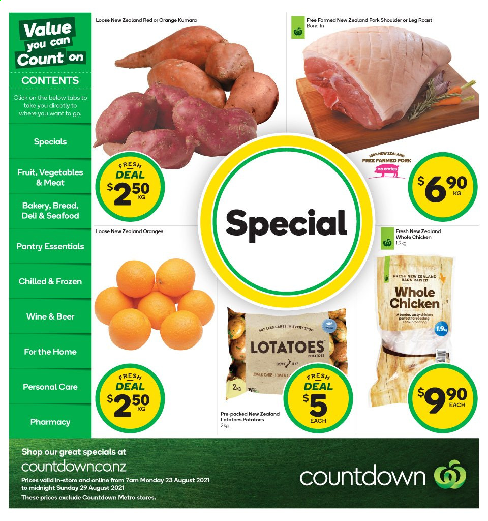 thumbnail - Countdown mailer - 23.08.2021 - 29.08.2021 - Sales products - potatoes, oranges, beer, whole chicken, pork meat, pork shoulder. Page 1.