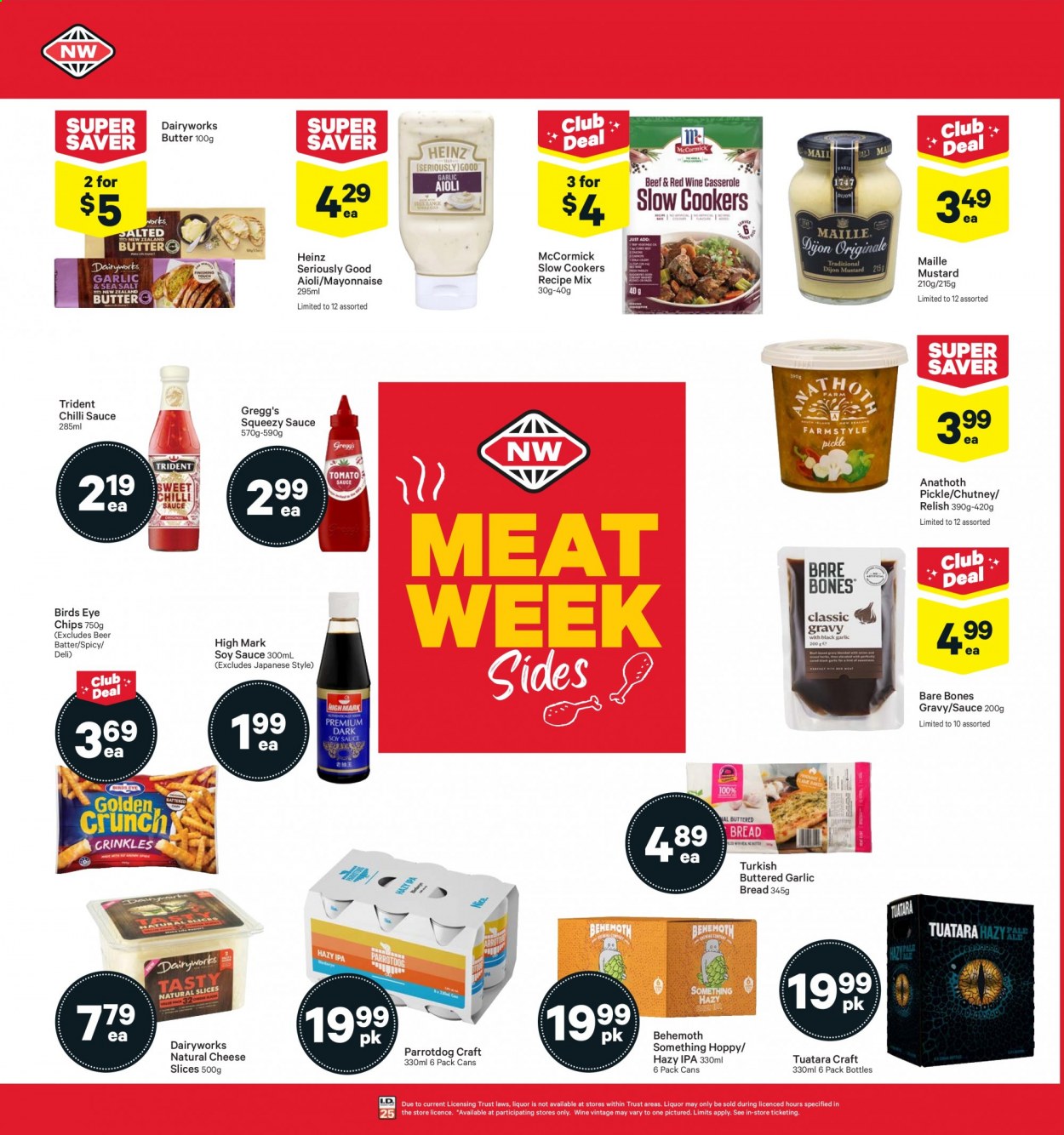 thumbnail - New World mailer - 23.08.2021 - 29.08.2021 - Sales products - bread, sauce, Bird's Eye, sliced cheese, cheese, butter, mayonnaise, Trident, chips, Heinz, mustard, soy sauce, chilli sauce, chutney, beer, IPA. Page 6.