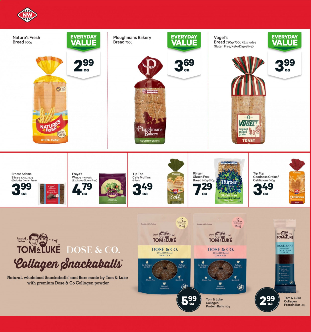 thumbnail - New World mailer - 23.08.2021 - 29.08.2021 - Sales products - Tip Top, wraps, muffin, fudge, chocolate, Digestive, protein bar, caramel, olive oil, oil. Page 12.