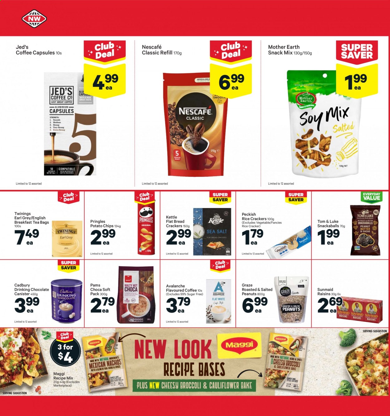 thumbnail - New World mailer - 23.08.2021 - 29.08.2021 - Sales products - bread, broccoli, chocolate, snack, crackers, Cadbury, Mother Earth, potato chips, Pringles, chips, rice crackers, Maggi, raisins, peanuts, dried fruit, Graze, hot chocolate, tea bags, Twinings, coffee, Nescafé, coffee capsules. Page 18.