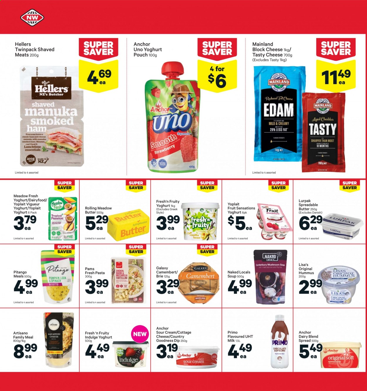 thumbnail - New World mailer - 23.08.2021 - 29.08.2021 - Sales products - soup, hummus, camembert, cottage cheese, cheese, brie, yoghurt, Fresh'n Fruity, Yoplait, milk, dairy blend, butter, Anchor, spreadable butter, sour cream, dip. Page 22.