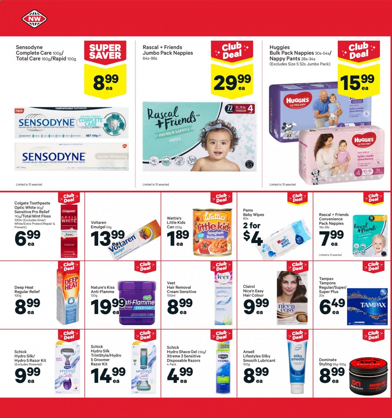 thumbnail - New World mailer - 23.08.2021 - 29.08.2021 - Sales products - Wattie's, Silk, wipes, Huggies, pants, baby wipes, nappies, Colgate, toothpaste, Sensodyne, Tampax, tampons, Clairol, hair color, razor, shave gel, Schick, hair removal, Veet, disposable razor. Page 24.