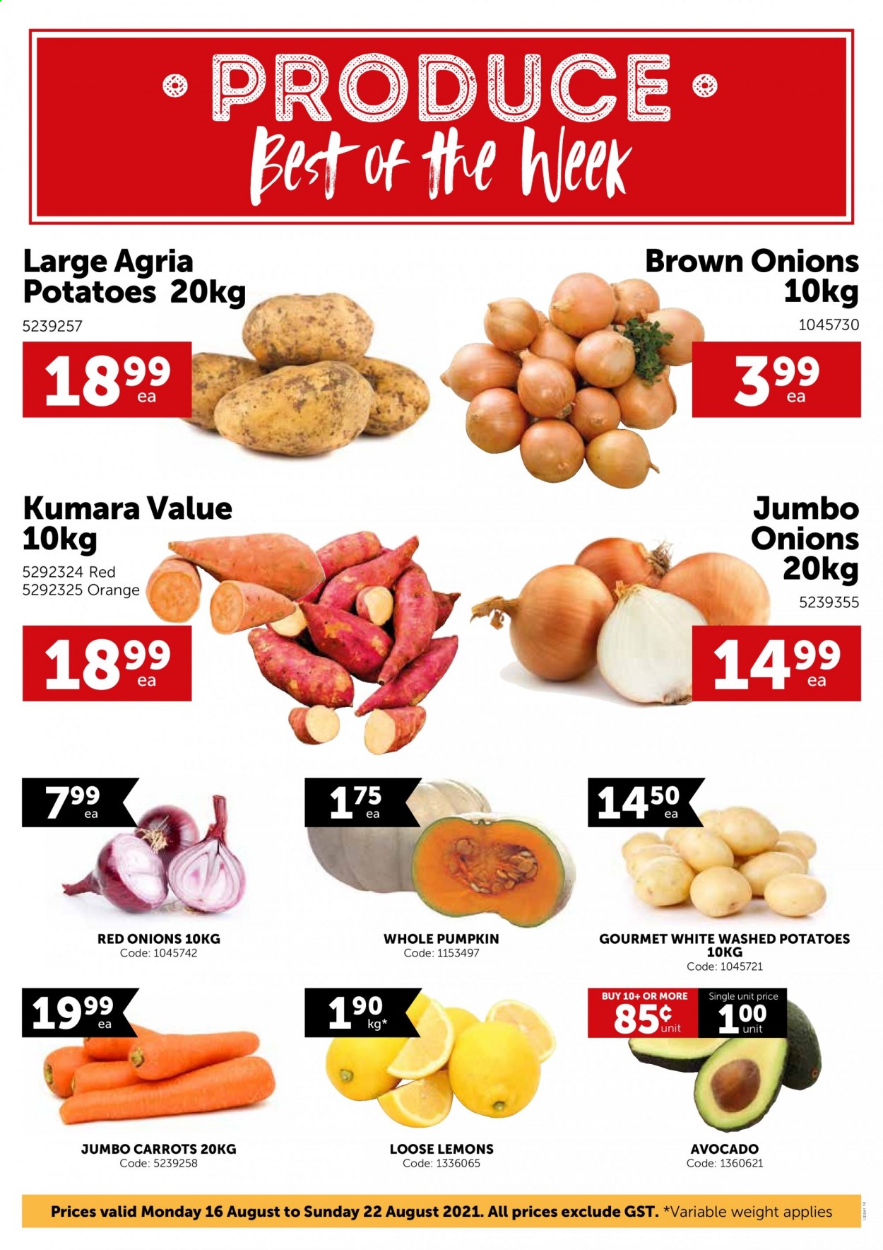 thumbnail - Gilmours mailer - 23.08.2021 - 29.08.2021 - Sales products - carrots, red onions, potatoes, pumpkin, onion, avocado, oranges, lemons. Page 1.