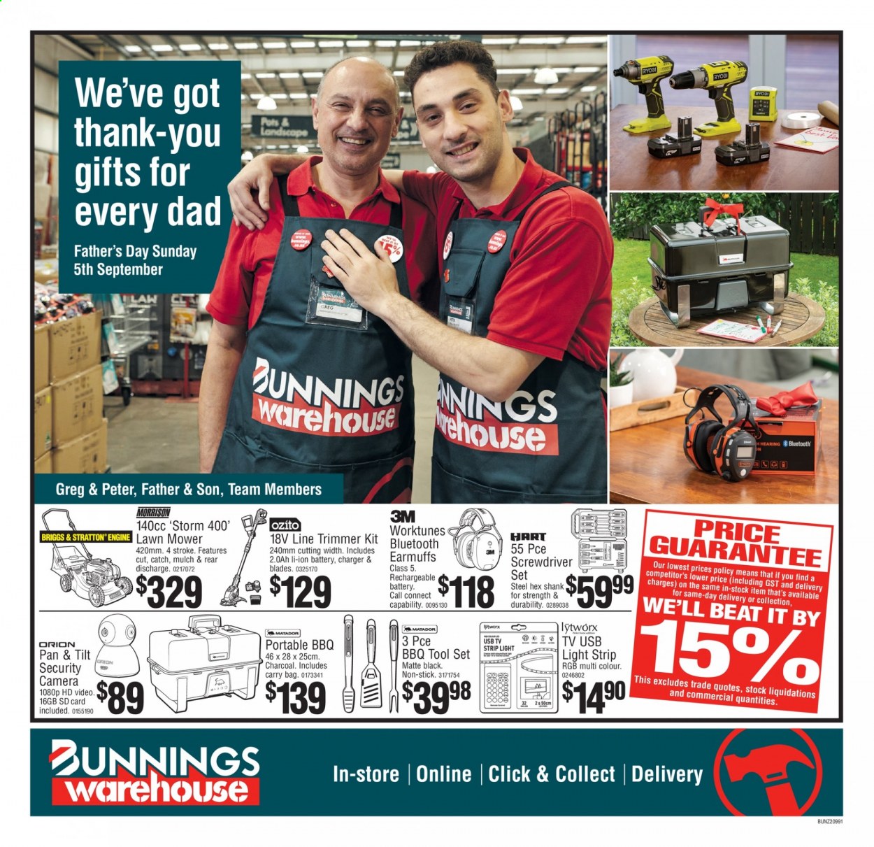 thumbnail - Bunnings Warehouse mailer - 24.08.2021 - 05.09.2021 - Sales products - rechargeable battery, security camera, light strip, screwdriver, Ryobi, lawn mower, tool set, screwdriver set, earmuffs, bluetooth earmuffs, portable barbecue, pot, garden mulch. Page 1.