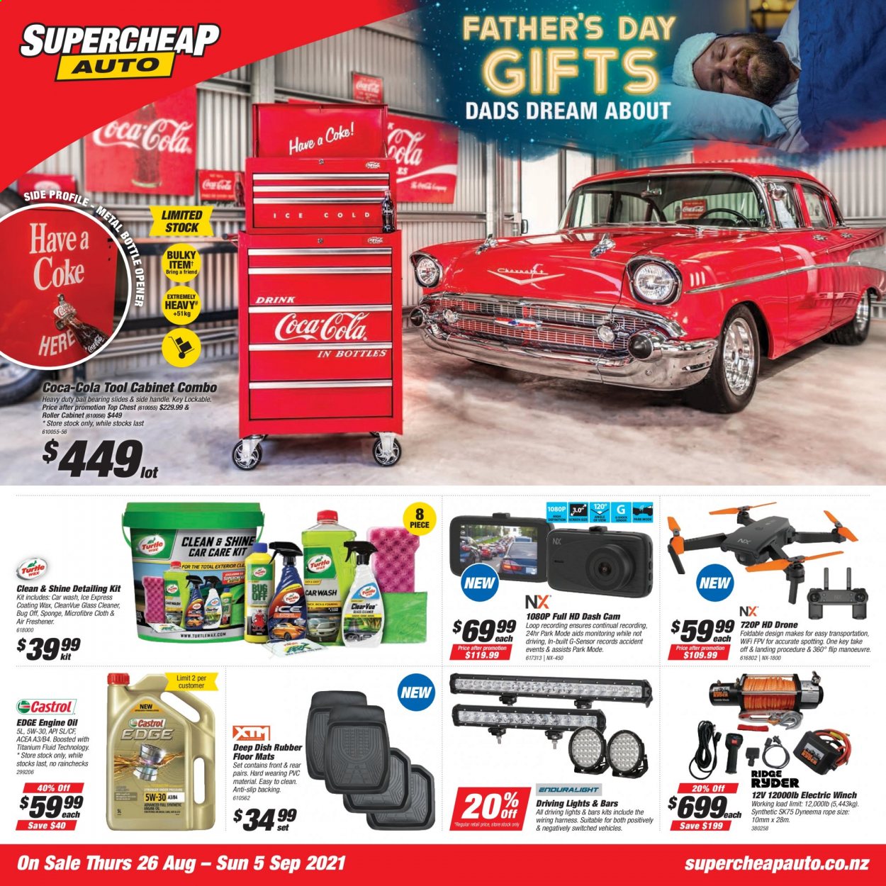 thumbnail - SuperCheap Auto mailer - 26.08.2021 - 05.09.2021 - Sales products - cleaner, glass cleaner, Ridge Ryder, sponge, drone, cabinet, tool cabinets, dashboard camera, car floor mats, driving lights, wiring harness, air freshener, motor oil, Castrol. Page 1.