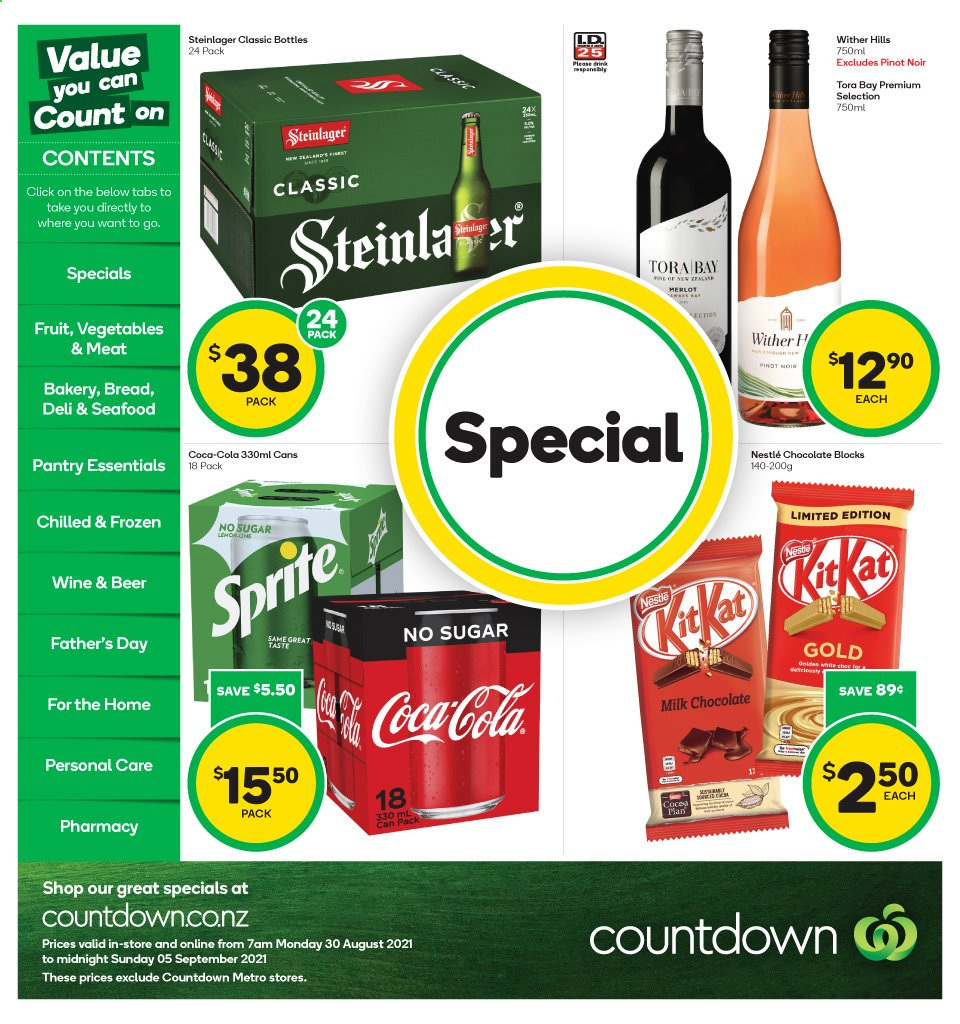 thumbnail - Countdown mailer - 30.08.2021 - 05.09.2021 - Sales products - milk chocolate, Nestlé, chocolate, Coca-Cola, Sprite, red wine, wine, Merlot, Pinot Noir, Wither Hills, beer, Steinlager, Hill's. Page 1.