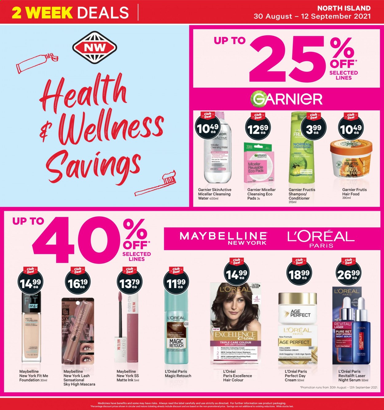 thumbnail - New World mailer - 30.08.2021 - 12.09.2021 - Sales products - shampoo, day cream, Garnier, L’Oréal, serum, Revitalift Laser, conditioner, hair color, Fructis, mascara, Maybelline. Page 8.