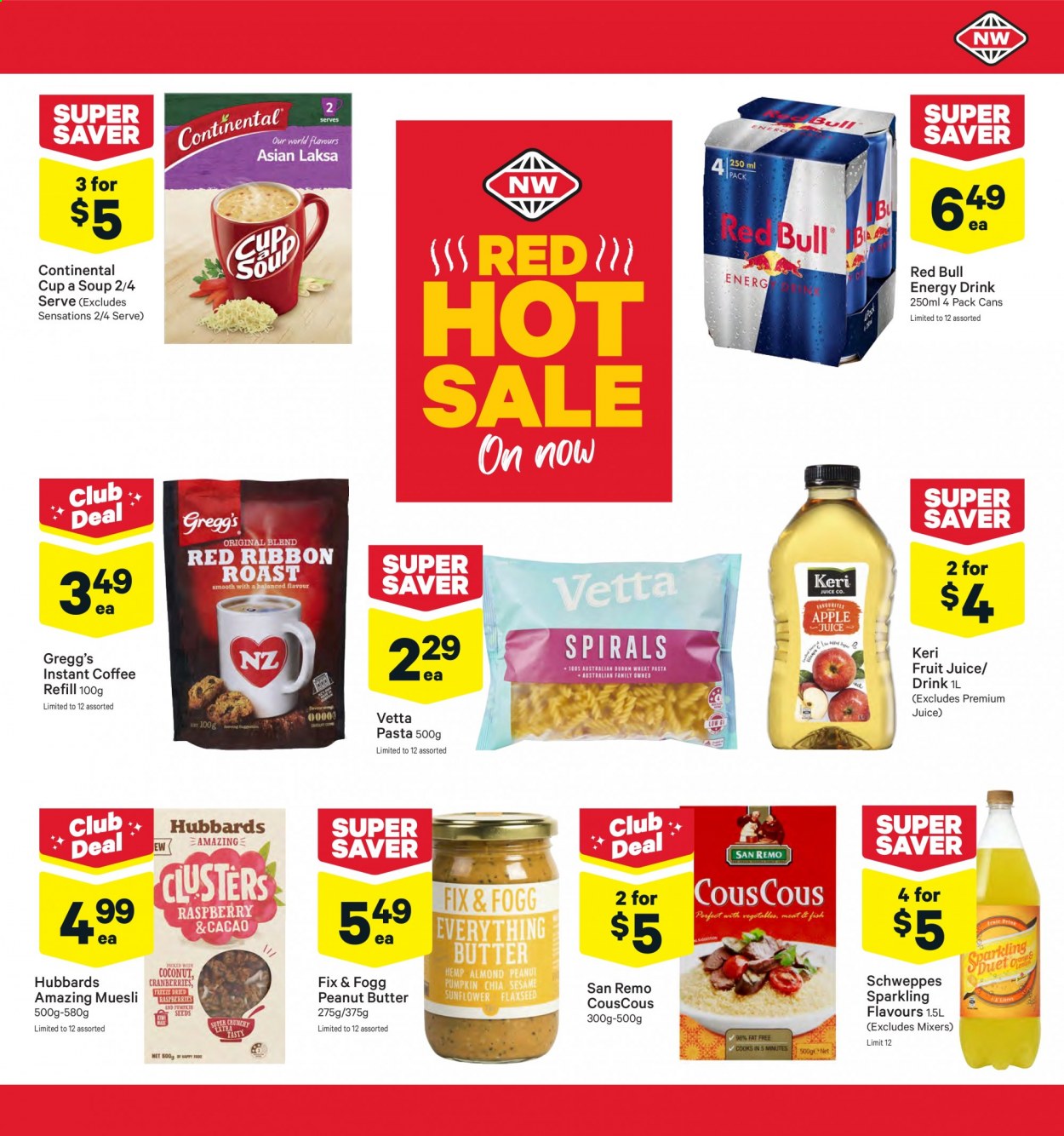 thumbnail - New World mailer - 30.08.2021 - 05.09.2021 - Sales products - fish, soup, pasta, Continental, cranberries, muesli, couscous, peanut butter, pumpkin seeds, apple juice, Schweppes, juice, fruit juice, energy drink, Red Bull, instant coffee, Keri. Page 3.
