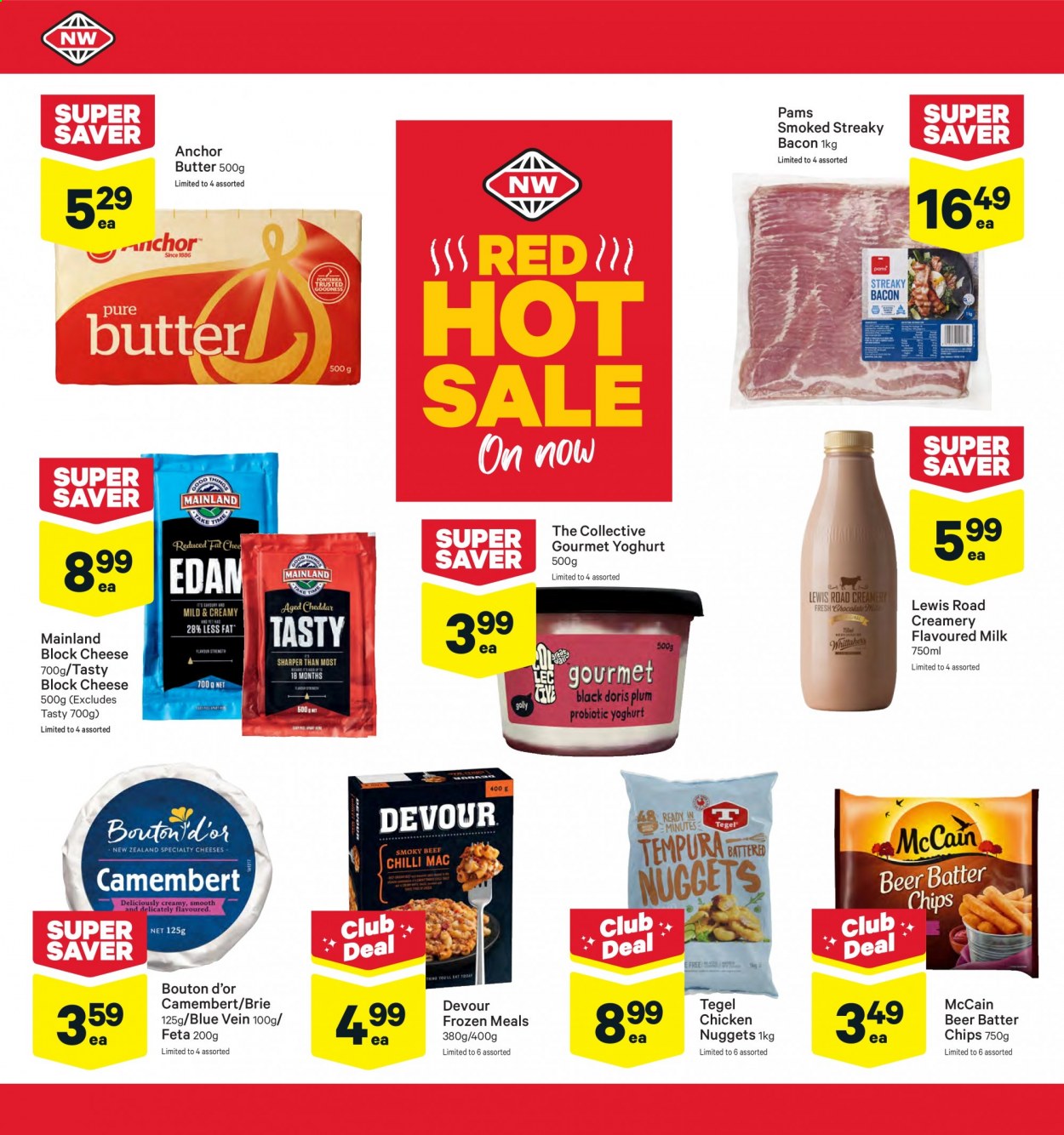 thumbnail - New World mailer - 30.08.2021 - 05.09.2021 - Sales products - nuggets, bacon, streaky bacon, camembert, cheese, brie, feta, yoghurt, probiotic yoghurt, milk, flavoured milk, butter, Anchor, Devour, McCain, chocolate, beer. Page 4.