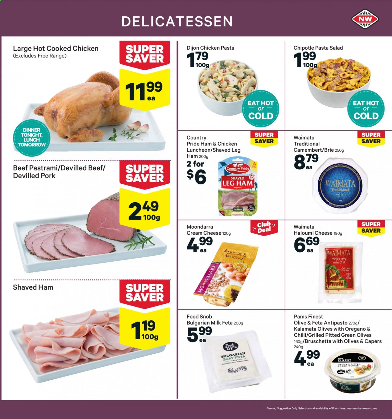 thumbnail - New World mailer - 30.08.2021 - 05.09.2021 - Sales products - salad, pasta, bruschetta, ham, pastrami, pasta salad, lunch meat, leg ham, camembert, cream cheese, cheese, brie, feta, milk, capers, olives, beef meat. Page 11.