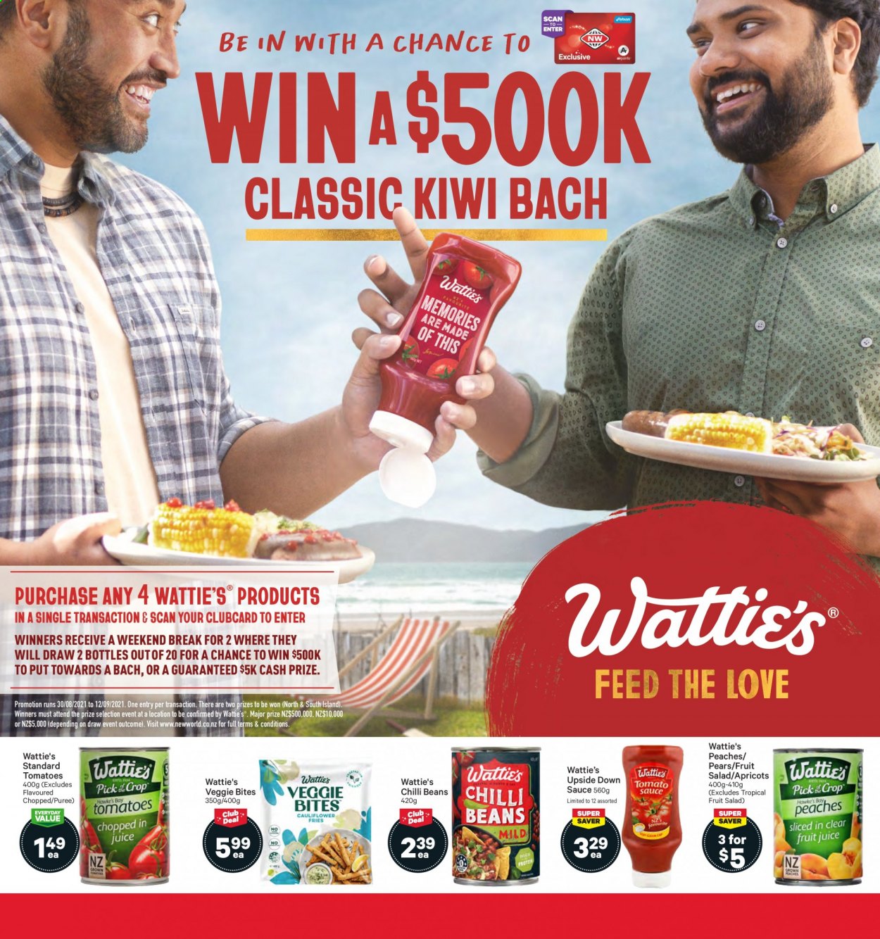 thumbnail - New World mailer - 30.08.2021 - 05.09.2021 - Sales products - beans, tomatoes, salad, kiwi, pears, apricots, peaches, sauce, Wattie's, fruit salad. Page 18.