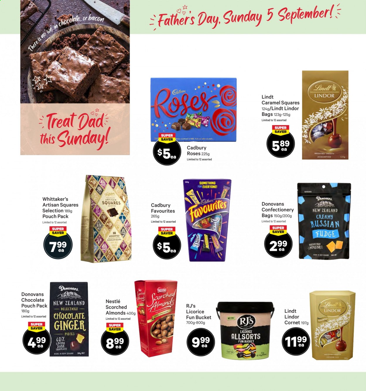 thumbnail - New World mailer - 30.08.2021 - 05.09.2021 - Sales products - ginger, fudge, milk chocolate, Nestlé, chocolate, Lindt, Lindor, dark chocolate, Cadbury, Cadbury Roses, Scorched Almonds, Whittaker's, Artisan Squares Selection, Donovans, caramel. Page 24.