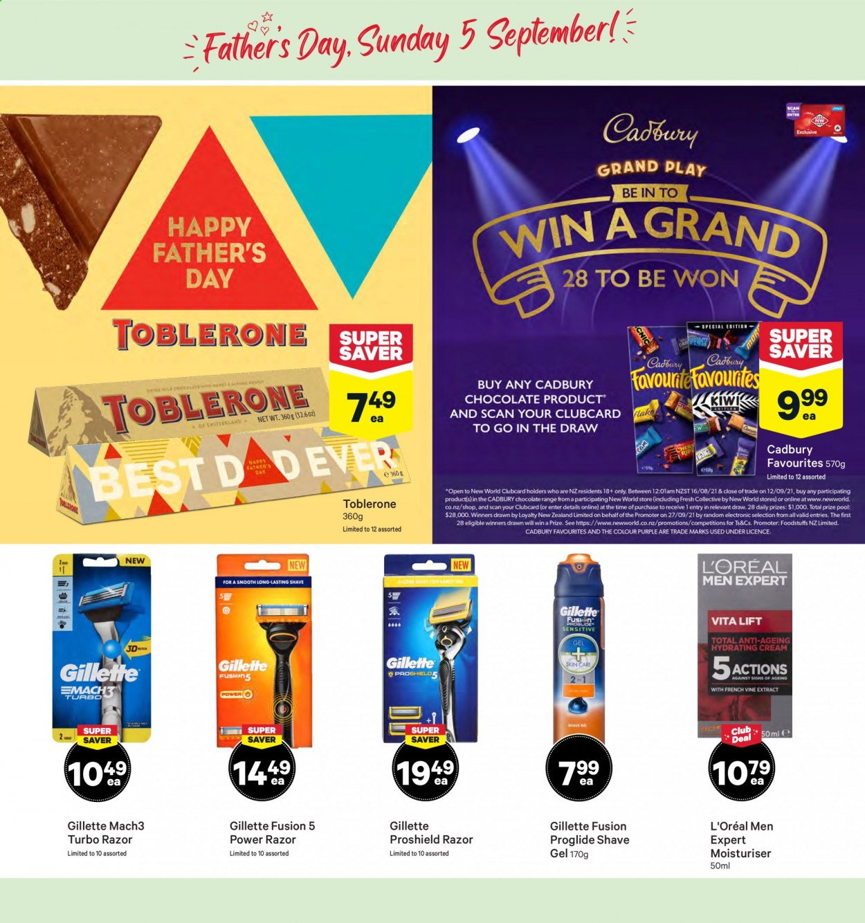thumbnail - New World mailer - 30.08.2021 - 05.09.2021 - Sales products - chocolate, Toblerone, Cadbury, L’Oréal, L’Oréal Men, Gillette, razor, shave gel. Page 25.
