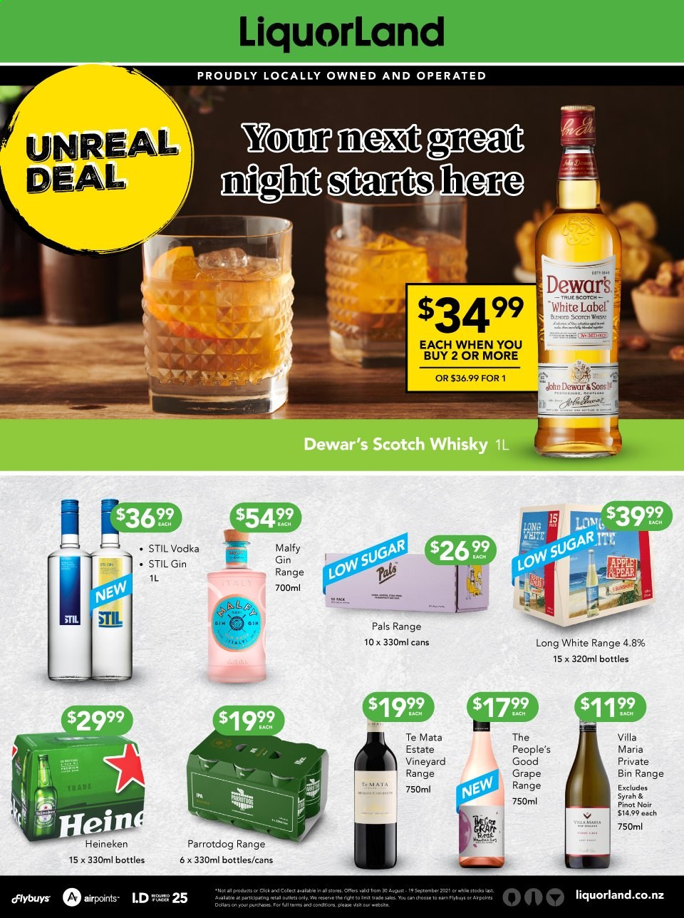 thumbnail - Liquorland mailer - 30.08.2021 - 19.09.2021 - Sales products - red wine, wine, Pinot Noir, Syrah, gin, vodka, scotch whisky, whisky, beer, Heineken. Page 1.