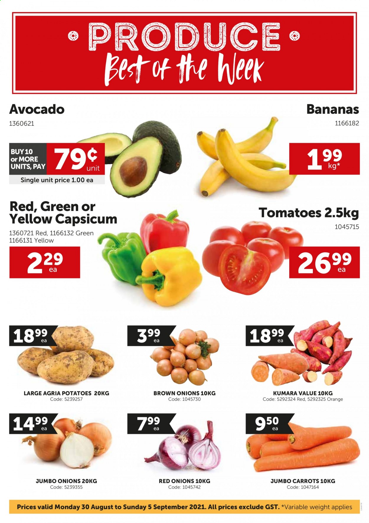 thumbnail - Gilmours mailer - 30.08.2021 - 05.09.2021 - Sales products - carrots, red onions, tomatoes, potatoes, onion, capsicum, avocado, bananas, oranges. Page 1.