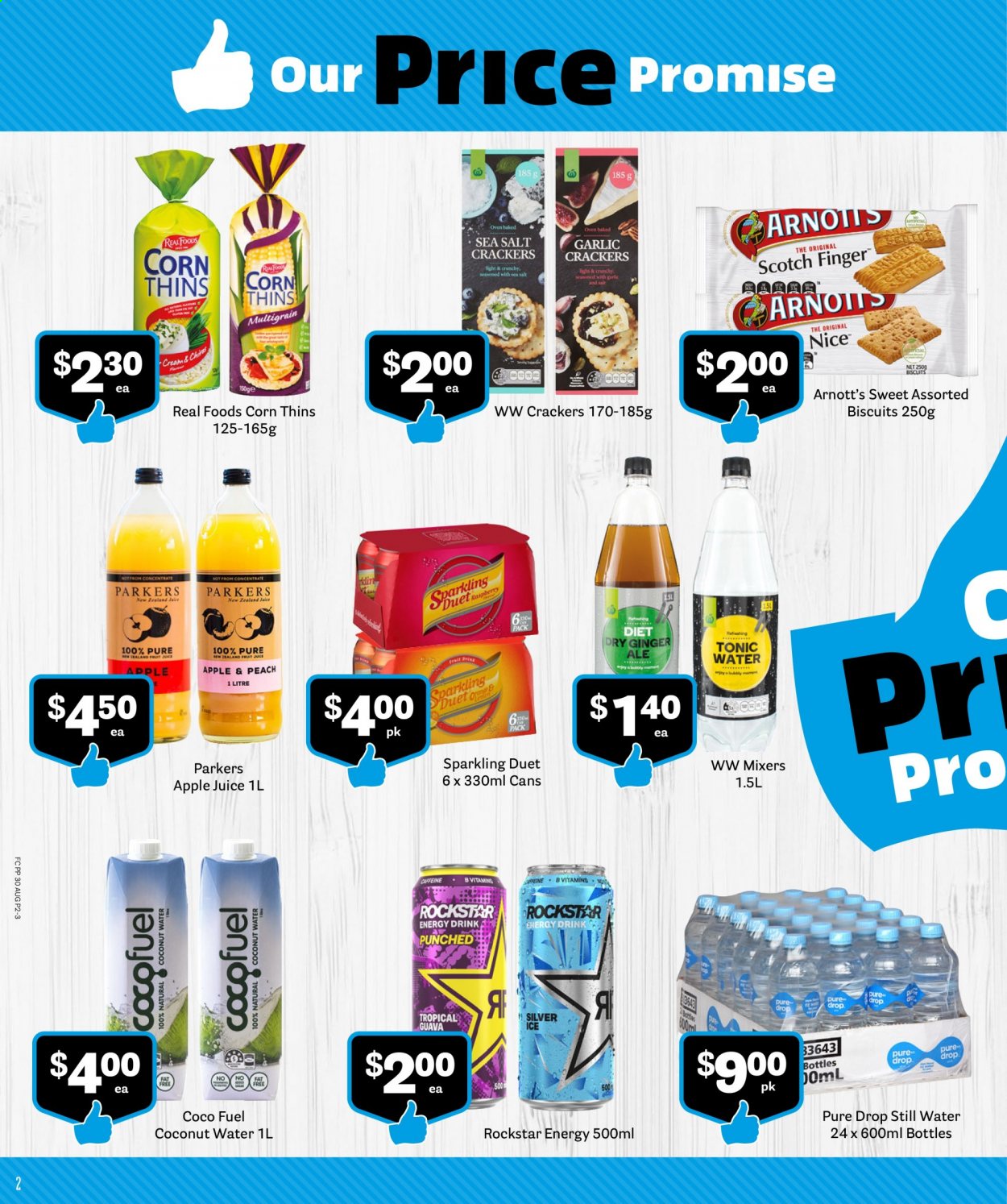 thumbnail - Fresh Choice mailer - 01.09.2021 - 30.09.2021 - Sales products - Corn Thins, corn, guava, crackers, biscuit, Thins, apple juice, ginger ale, juice, energy drink, tonic, coconut water, Rockstar, mineral water, bottled water. Page 2.