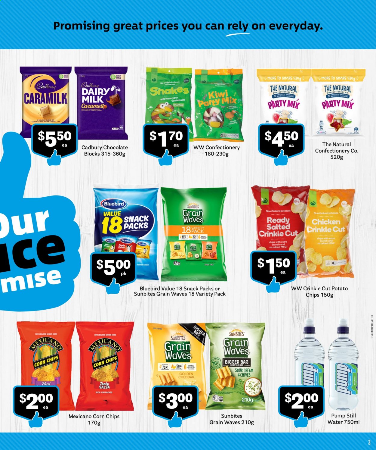 thumbnail - Fresh Choice mailer - 01.09.2021 - 30.09.2021 - Sales products - chives, kiwi, cheese, shake, sour cream, white chocolate, chocolate, snack, Cadbury, Dairy Milk, potato chips, chips, corn chips, Mexicano, Bluebird, Sunbites, salsa, mineral water, bottled water. Page 3.