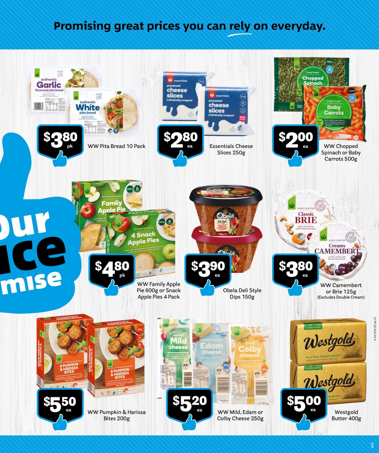 thumbnail - Fresh Choice mailer - 01.09.2021 - 30.09.2021 - Sales products - pita, apple pie, garlic, Obela, camembert, Colby cheese, edam cheese, sliced cheese, cheese, brie, mild cheese, butter. Page 5.