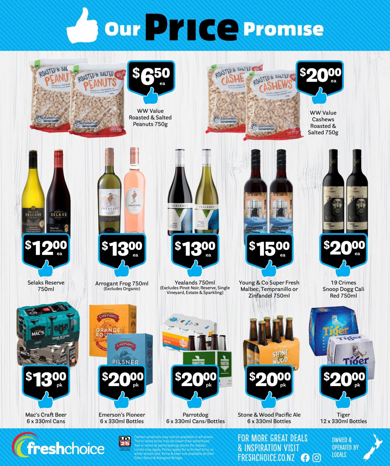 thumbnail - Fresh Choice mailer - 01.09.2021 - 30.09.2021 - Sales products - cashews, peanuts, red wine, wine, Pinot Noir, Young & Co, Tempranillo, beer, Mac’s, pacific ale. Page 7.