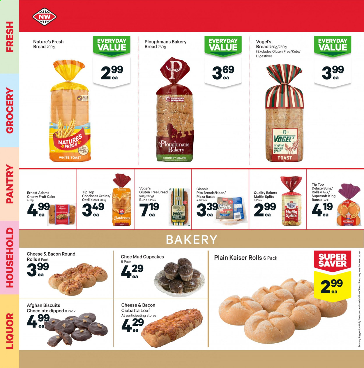 thumbnail - New World mailer - 06.09.2021 - 12.09.2021 - Sales products - bread, ciabatta, pita, cake, Tip Top, buns, cupcake, muffin, cherries, bacon, pizza dough, chocolate, biscuit, Digestive, liquor. Page 8.