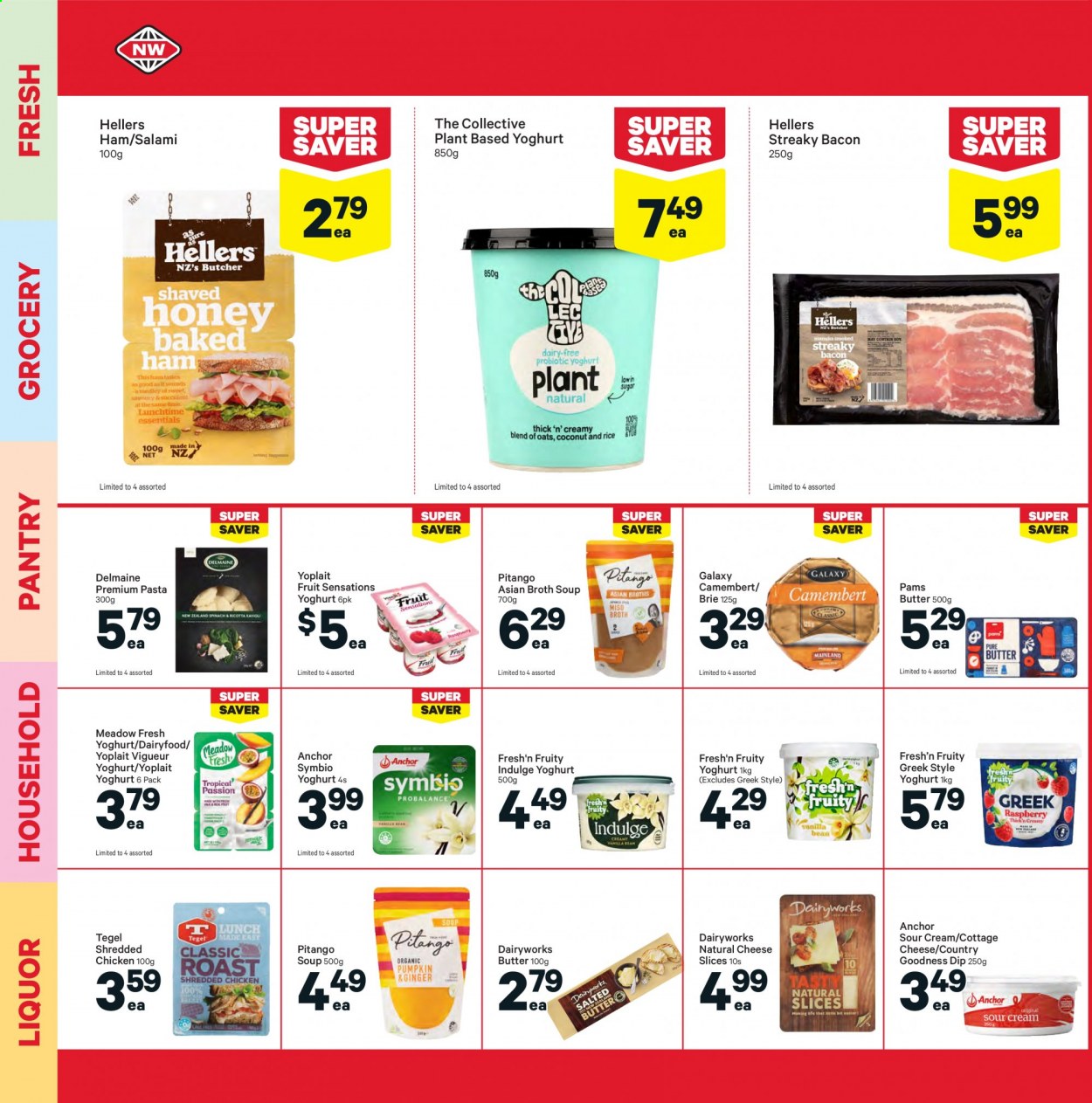 thumbnail - New World mailer - 06.09.2021 - 12.09.2021 - Sales products - soup, pasta, Delmaine, bacon, salami, ham, streaky bacon, camembert, cottage cheese, sliced cheese, cheese, brie, yoghurt, Fresh'n Fruity, Yoplait, butter, Anchor, sour cream, dip, broth, liquor. Page 12.