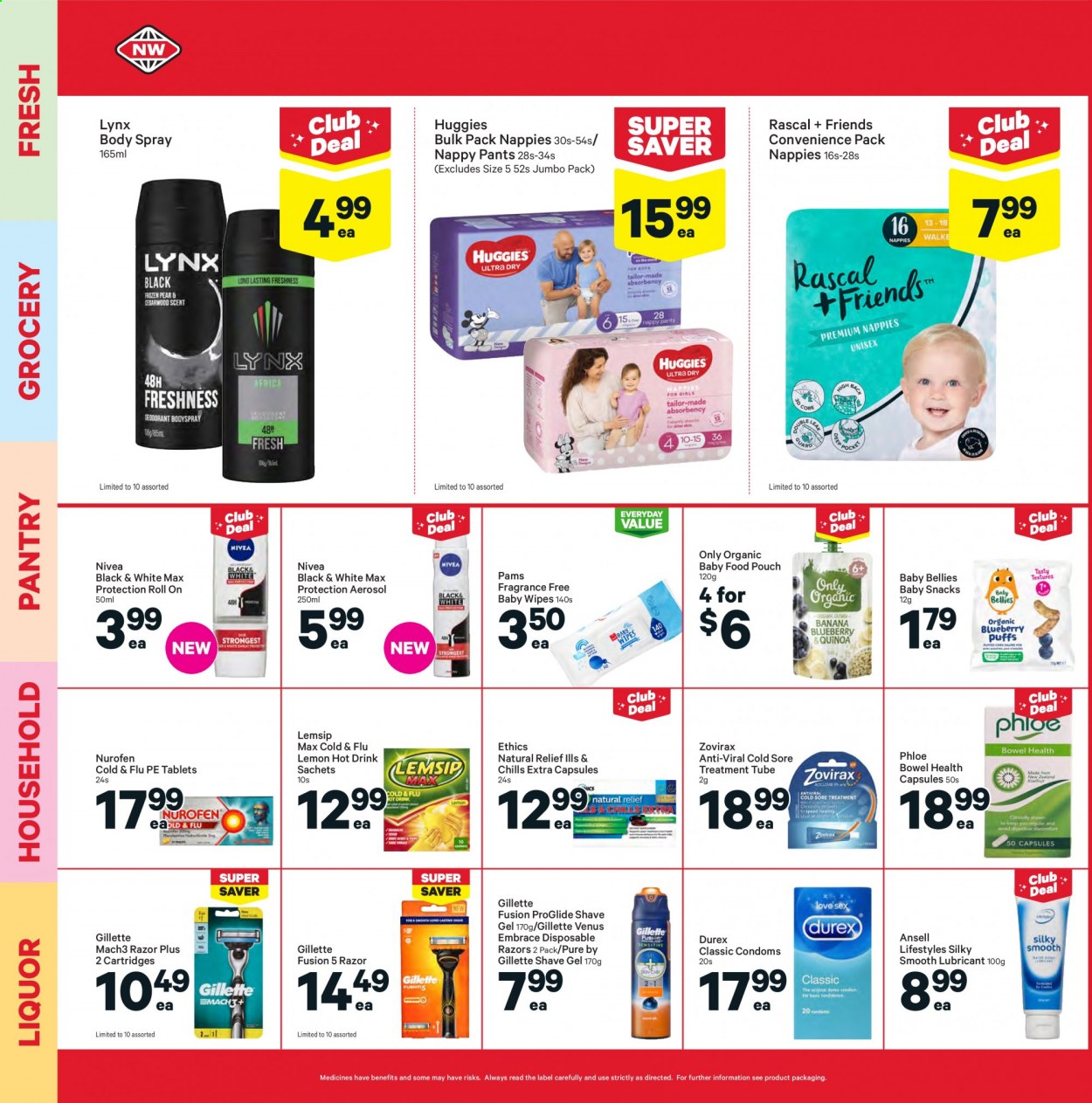 thumbnail - New World mailer - 06.09.2021 - 12.09.2021 - Sales products - snack, liquor, baby food pouch, organic baby food, wipes, Huggies, pants, baby wipes, nappies, Nivea, body spray, roll-on, Gillette, razor, shave gel, Venus, disposable razor, Cold & Flu, Nurofen. Page 22.