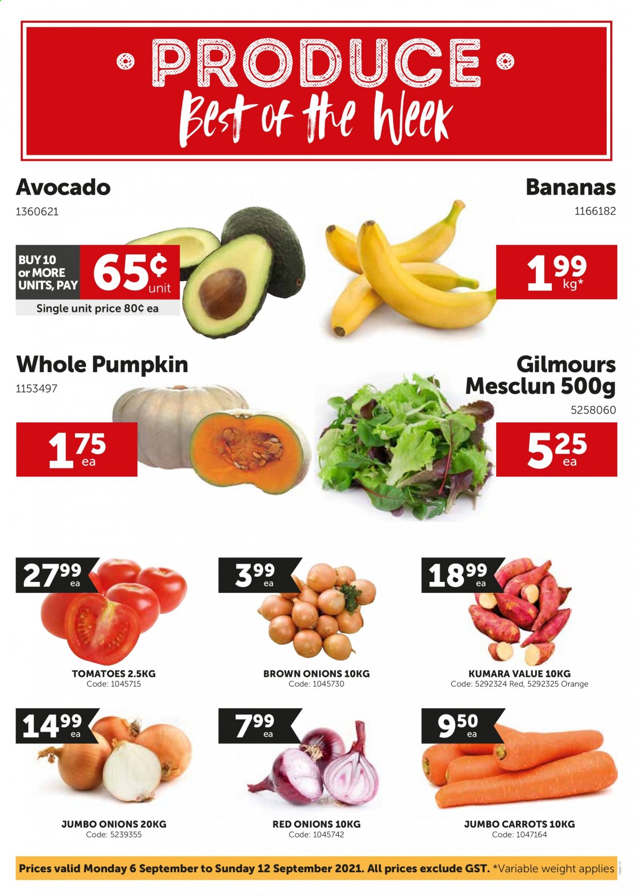 thumbnail - Gilmours mailer - 06.09.2021 - 12.09.2021 - Sales products - carrots, red onions, tomatoes, pumpkin, onion, mesclun, avocado, bananas, oranges. Page 1.
