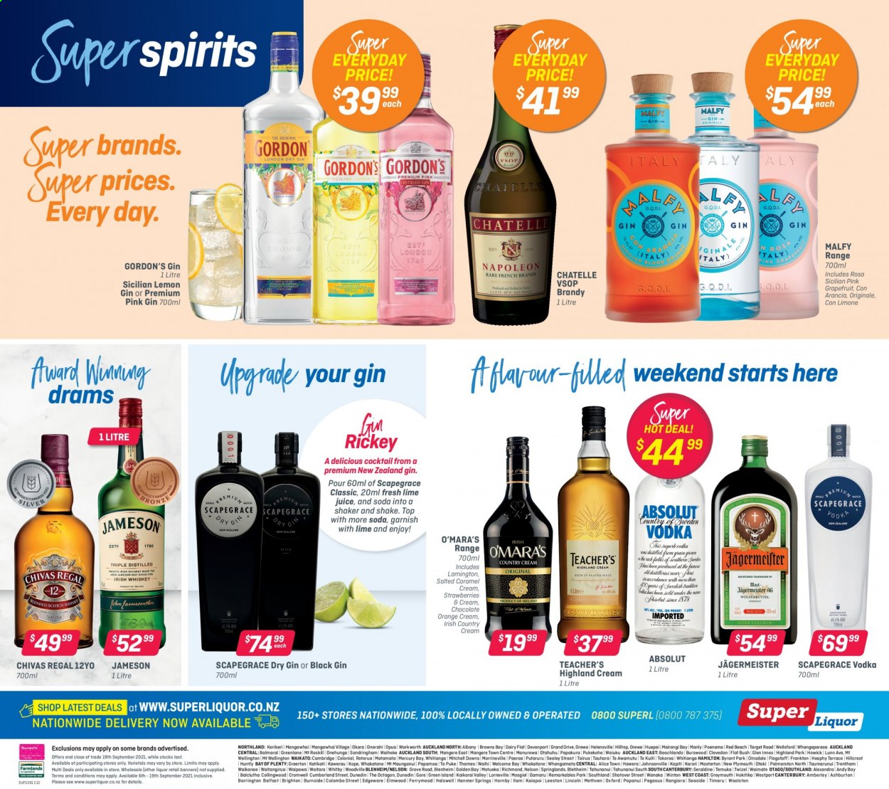Super Liquor mailer - 06.09.2021 - 19.09.2021 - Sales products - brandy, gin, vodka, Jameson, liquor, Gordon's, Absolut, Jägermeister, Chivas Regal. Page 4.