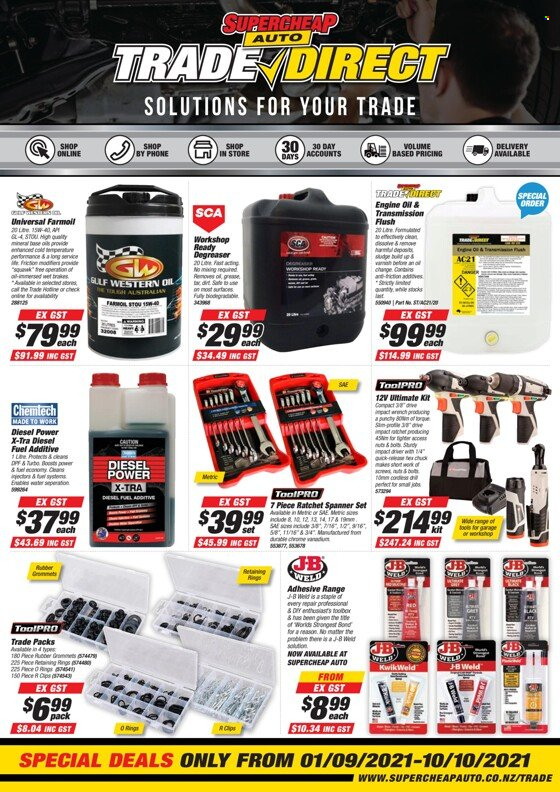 thumbnail - SuperCheap Auto mailer - 01.09.2021 - 10.10.2021 - Sales products - adhesive, spanner, Gulf Western Oil, degreaser, fuel additive, motor oil. Page 1.