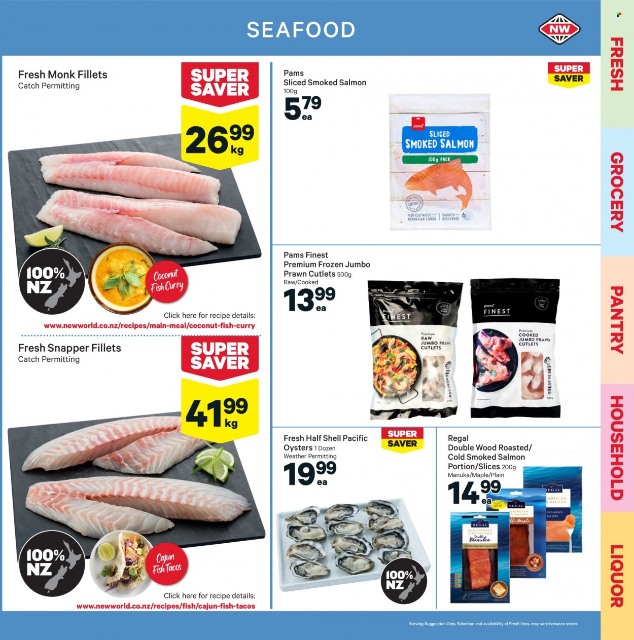 thumbnail - New World mailer - 13.09.2021 - 19.09.2021 - Sales products - tacos, coconut, salmon, smoked salmon, oysters, seafood, prawns, fish, liquor. Page 7.