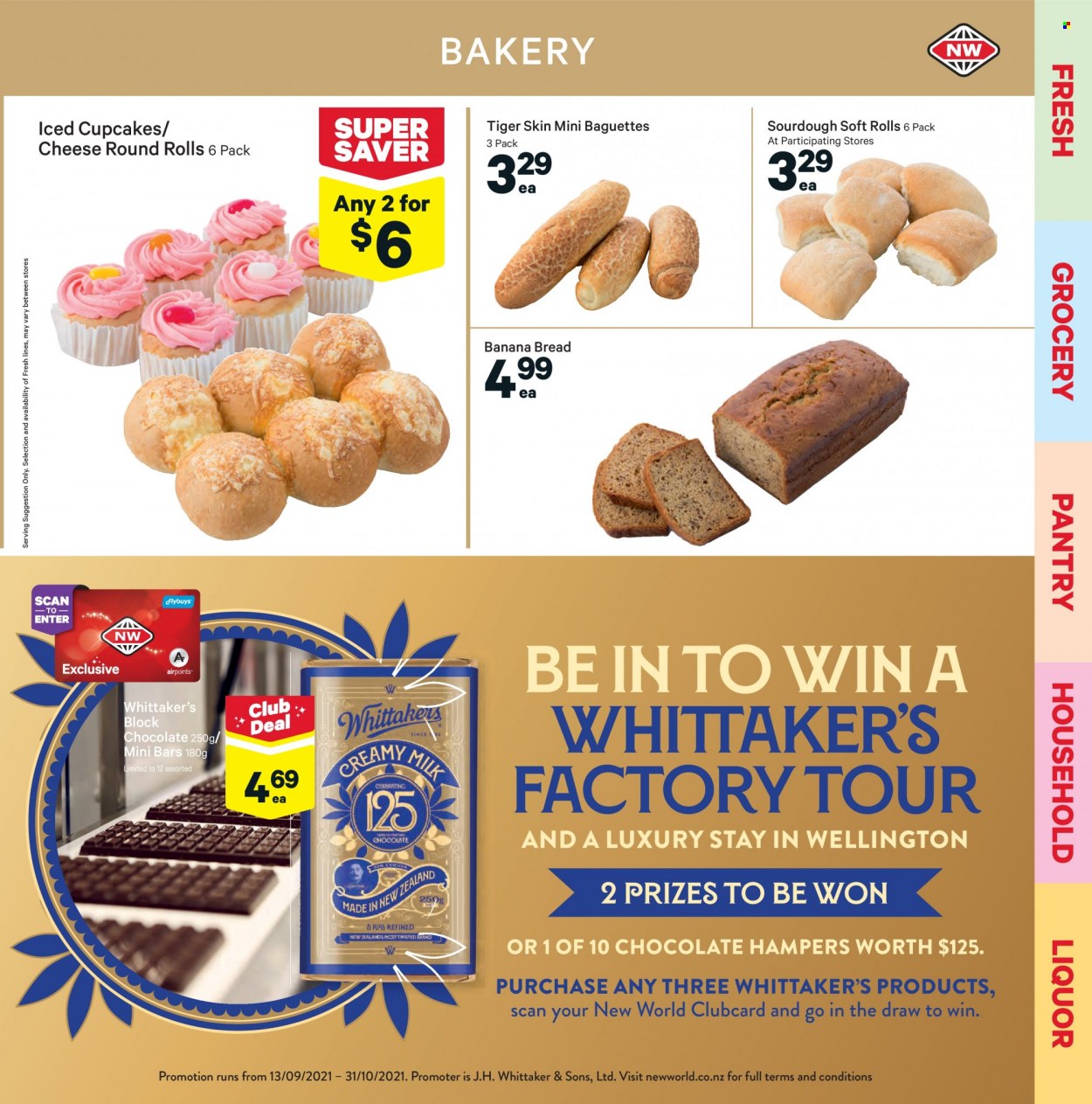 thumbnail - New World mailer - 13.09.2021 - 19.09.2021 - Sales products - baguette, bread, cupcake, banana bread, hamper, cheese, milk, chocolate, Whittaker's, liquor. Page 9.