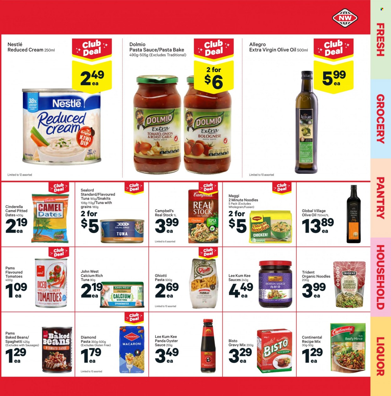 thumbnail - New World mailer - 13.09.2021 - 19.09.2021 - Sales products - beans, garlic, tomatoes, kiwi, tuna, oysters, Sealord, Campbell's, spaghetti, pasta sauce, macaroni, noodles, Continental, sausage, Nestlé, Trident, Maggi, baked beans, gravy mix, hoisin sauce, oyster sauce, Lee Kum Kee, extra virgin olive oil, olive oil, oil, Camel, liquor. Page 15.