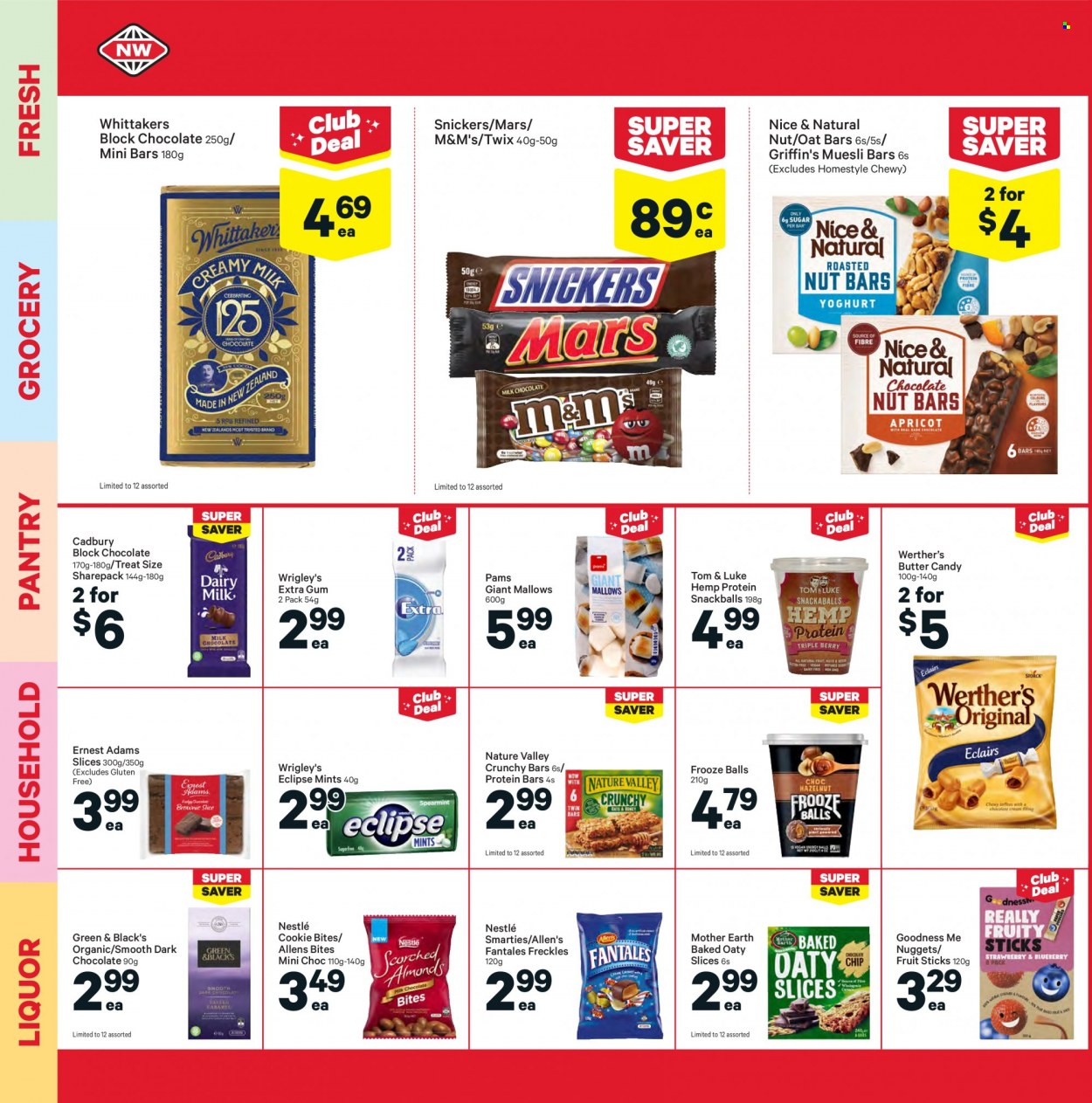 thumbnail - New World mailer - 13.09.2021 - 19.09.2021 - Sales products - nuggets, yoghurt, butter, marshmallows, Nestlé, chocolate, Snickers, Twix, Mars, M&M's, Smarties, dark chocolate, Cadbury, Griffin's, Mother Earth, Dairy Milk, sugar, protein bar, nut bar, muesli bar, muesli, Nature Valley, liquor. Page 20.