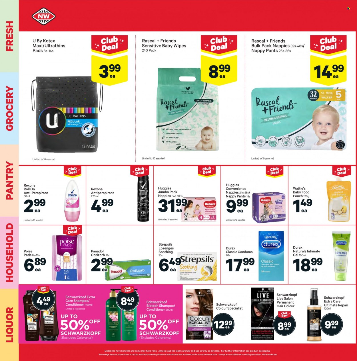 thumbnail - New World mailer - 13.09.2021 - 19.09.2021 - Sales products - Wattie's, liquor, baby food pouch, wipes, Huggies, pants, baby wipes, nappies, shampoo, Schwarzkopf, Kotex, conditioner, hair color, anti-perspirant, Rexona, roll-on, Strepsils. Page 22.