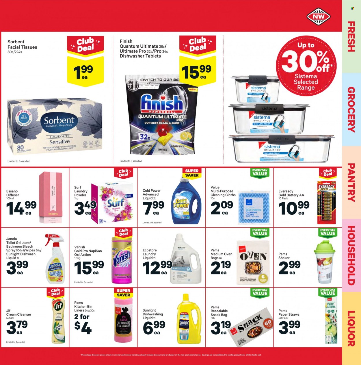 thumbnail - New World mailer - 13.09.2021 - 19.09.2021 - Sales products - Jif, switch, liquor, wipes, tissues, bleach, Vanish, laundry detergent, laundry powder, Sunlight, Surf, dishwashing liquid, dishwasher cleaner, Finish Powerball, Finish Quantum Ultimate, dishwasher tablets, cleanser, facial tissues, Essano, bag, bin, shaker, straw, paper, diffuser, battery, Eveready. Page 25.