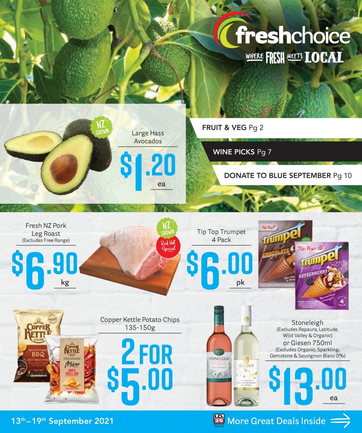 thumbnail - Fresh Choice mailer - 13.09.2021 - 19.09.2021 - Sales products - Tip Top, avocado, chocolate, potato chips, chips, Copper Kettle, white wine, wine, Sauvignon Blanc. Page 1.