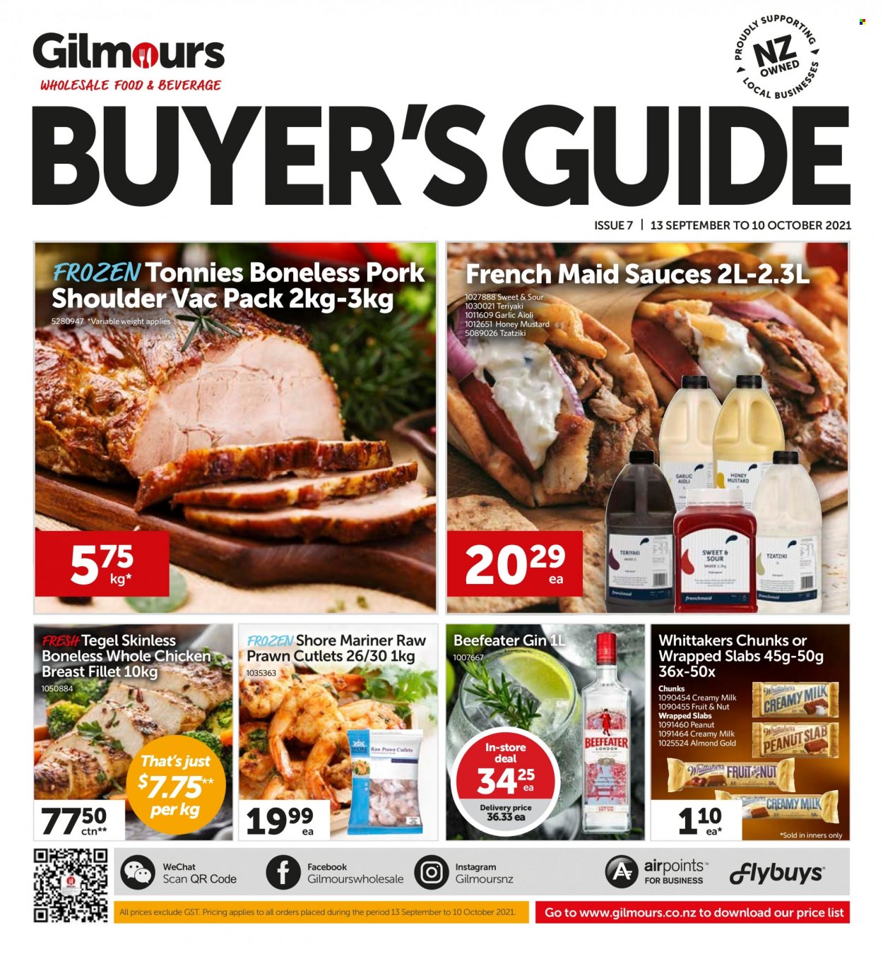 thumbnail - Gilmours mailer - 13.09.2021 - 10.10.2021 - Sales products - garlic, prawns, Shore Mariner, tzatziki, mustard, honey mustard, gin, Beefeater, whole chicken, chicken breasts, pork meat, pork shoulder. Page 1.