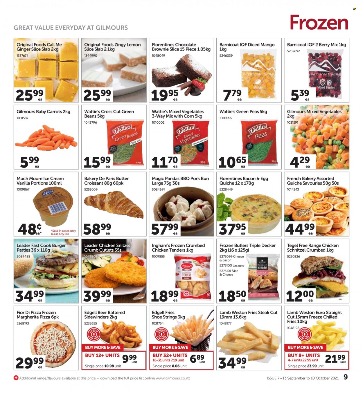 thumbnail - Gilmours mailer - 13.09.2021 - 10.10.2021 - Sales products - croissant, brownies, beans, carrots, corn, ginger, green beans, peas, pizza, hamburger, schnitzel, Wattie's, bacon, eggs, butter, ice cream, Much Moore, mixed vegetables, potato fries, quiche, beer, steak, burger patties. Page 9.