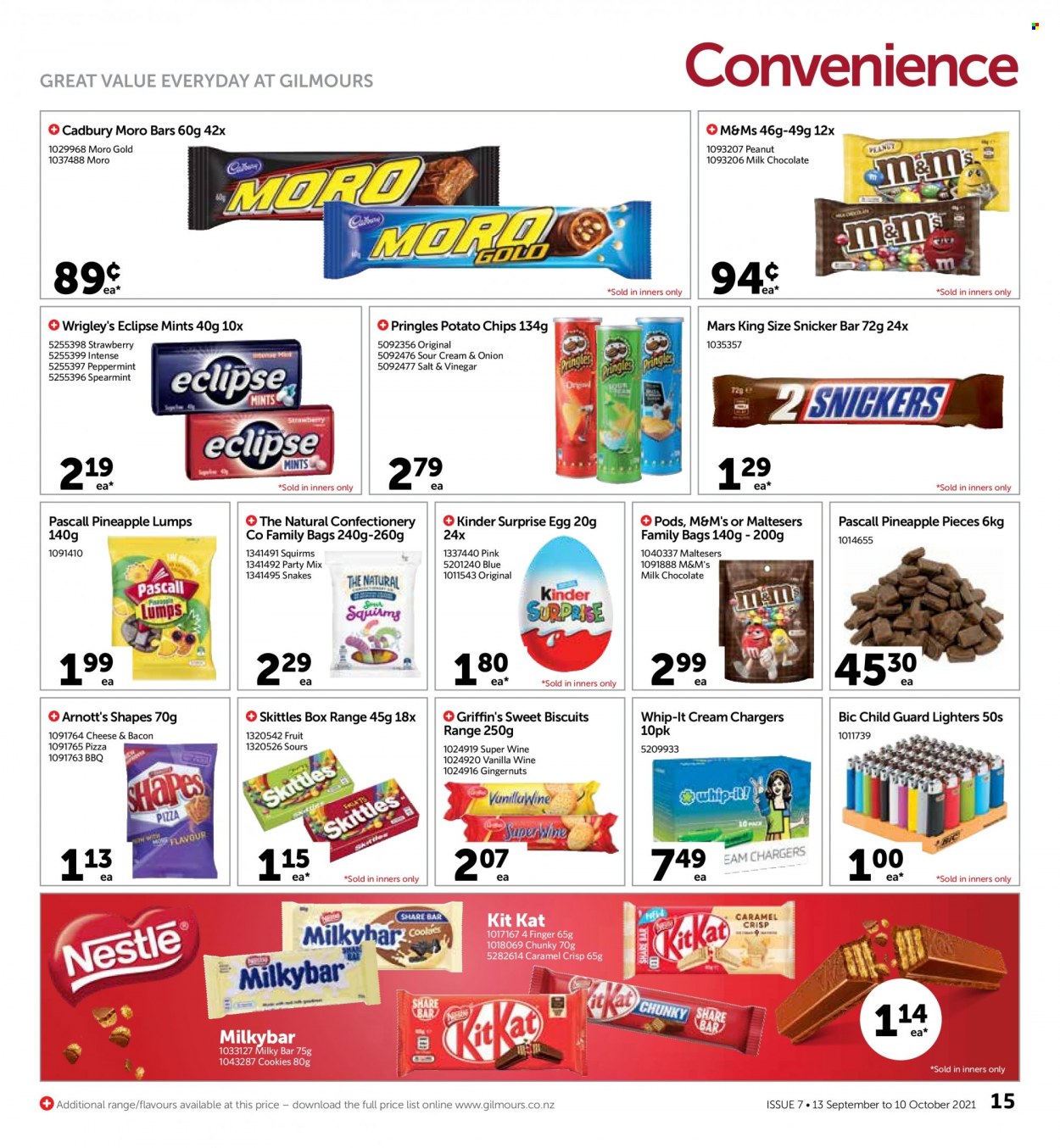 thumbnail - Gilmours mailer - 13.09.2021 - 10.10.2021 - Sales products - pineapple, bacon, eggs, cookies, milk chocolate, chocolate, Mars, KitKat, M&M's, Kinder Surprise, biscuit, Maltesers, Cadbury, Milkybar, Griffin's, Skittles, potato chips, Pringles, chips, caramel, wine. Page 15.