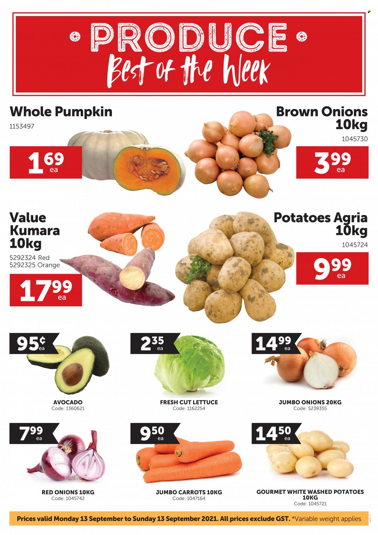 thumbnail - Gilmours mailer - 13.09.2021 - 19.09.2021 - Sales products - carrots, red onions, potatoes, pumpkin, onion, lettuce, avocado, oranges. Page 1.