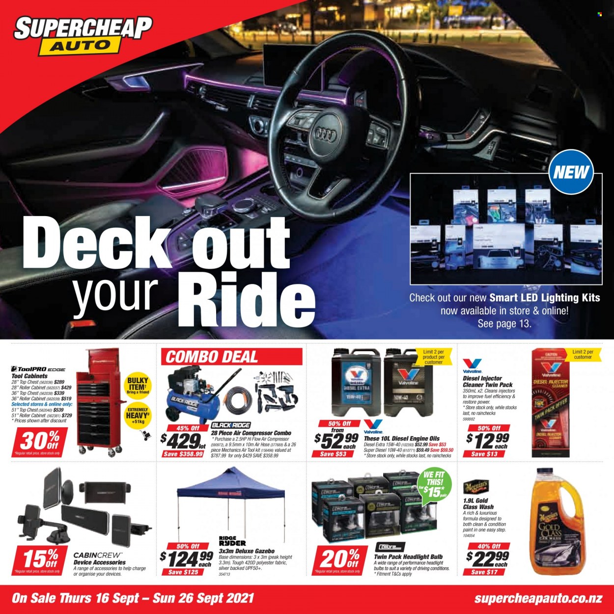 thumbnail - SuperCheap Auto mailer - 16.09.2021 - 26.09.2021 - Sales products - tool set, air compressor, cabinet, air hose, tool cabinets, injector cleaner, cleaner. Page 1.