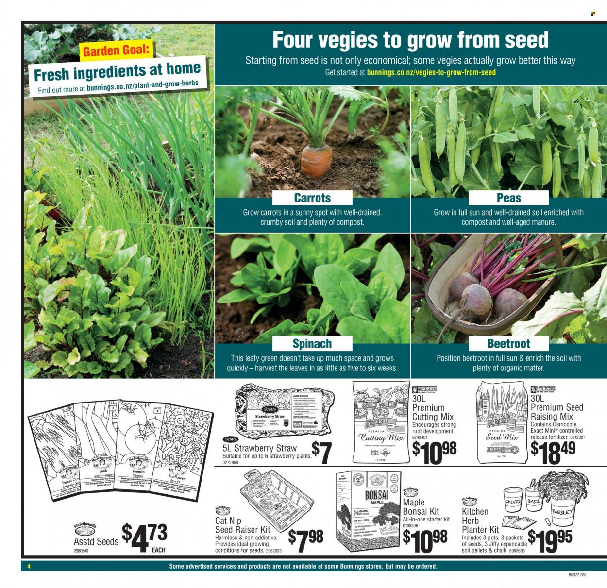 thumbnail - Bunnings Warehouse mailer - Sales products - pot, straw, plant seeds, bonsai tree, Jiffy, fertilizer, compost. Page 4.
