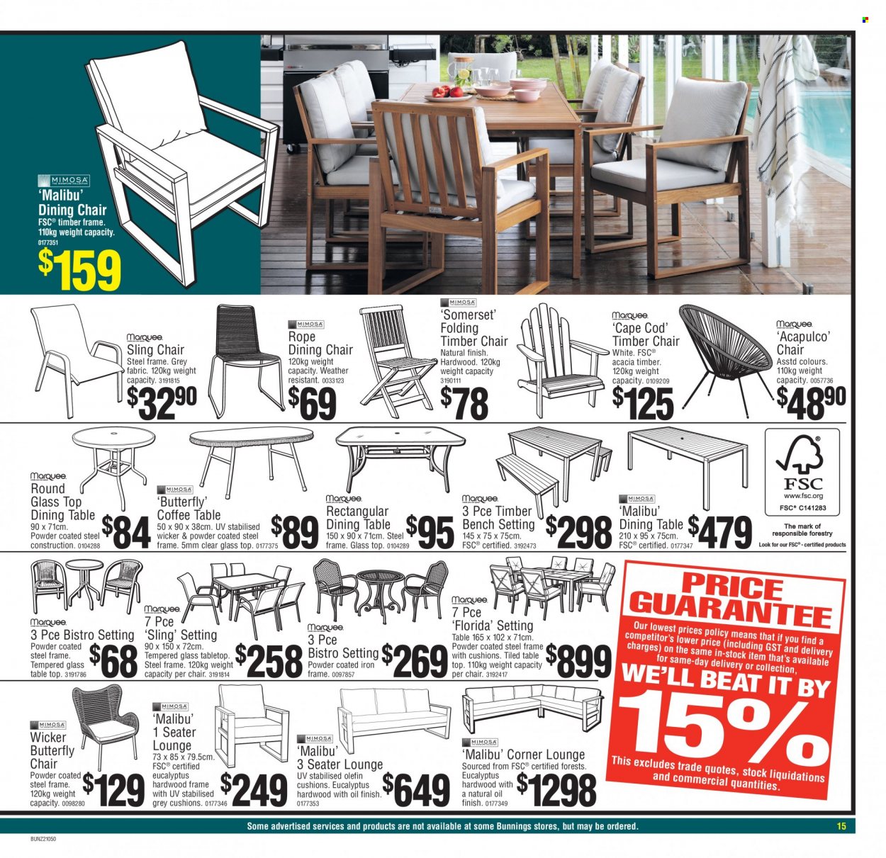 thumbnail - Bunnings Warehouse mailer - Sales products - dining table, table, chair, dining chair, bench, coffee table, cushion, iron frame, chair pad. Page 15.