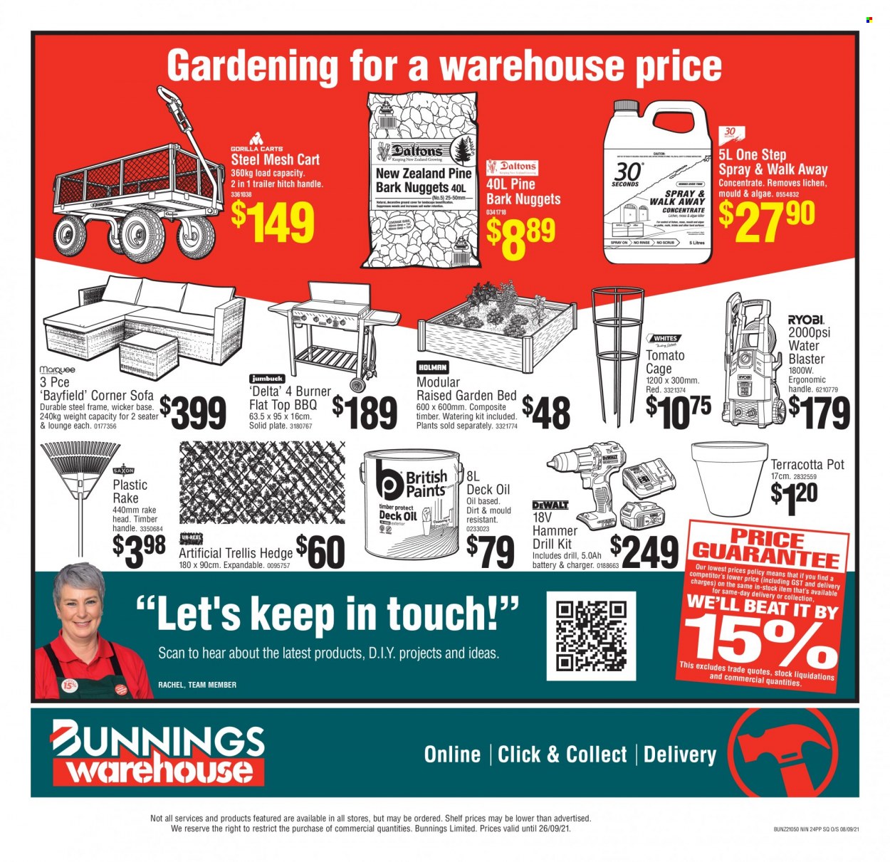 thumbnail - Bunnings Warehouse mailer - Sales products - corner sofa, sofa, shelves, plate, pot, DeWALT, Ryobi, tomato cage, cart, garden bed. Page 20.