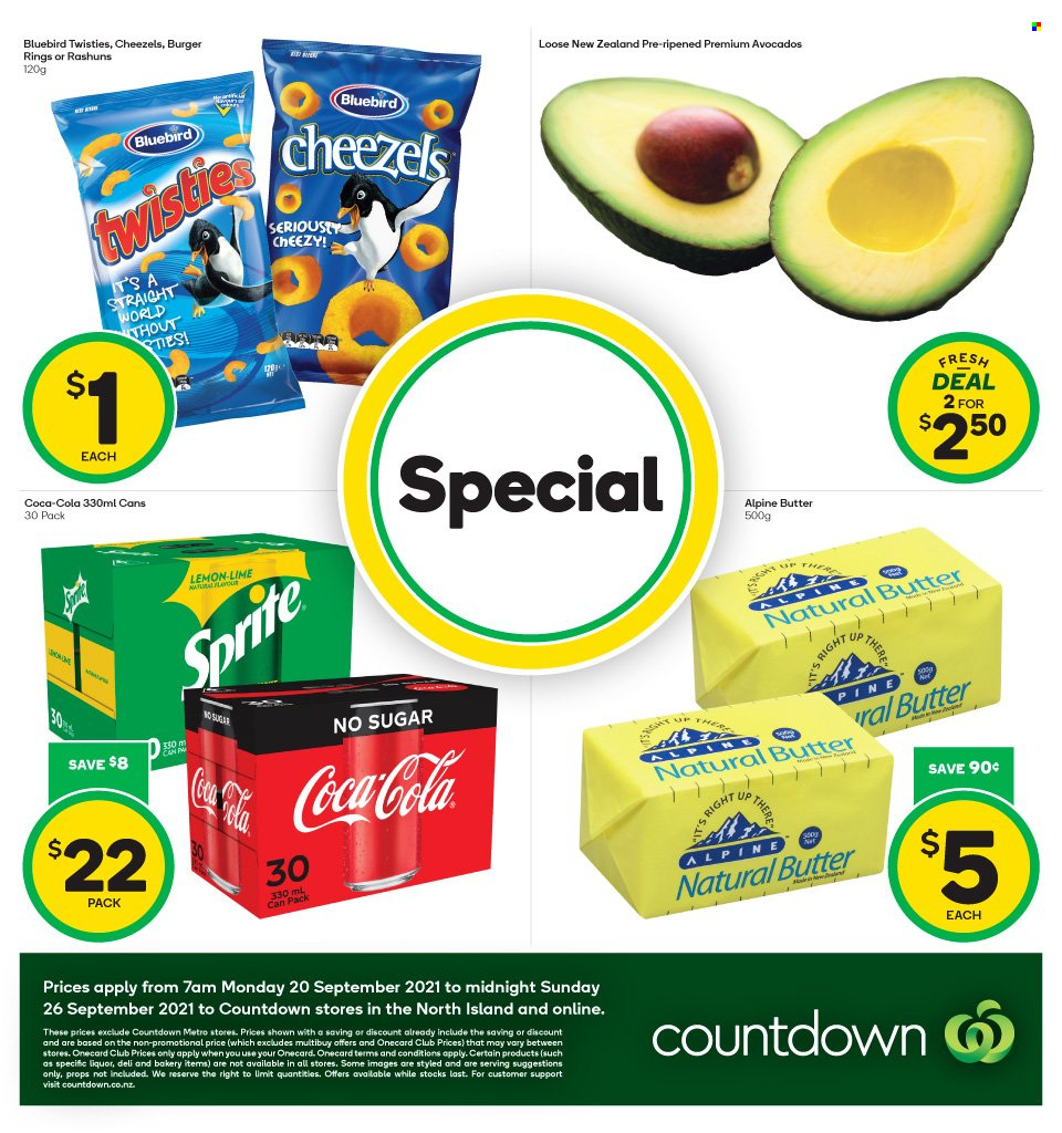 thumbnail - Countdown mailer - 20.09.2021 - 26.09.2021 - Sales products - avocado, hamburger, butter, Bluebird, Coca-Cola, Sprite, liquor, N All. Page 2.