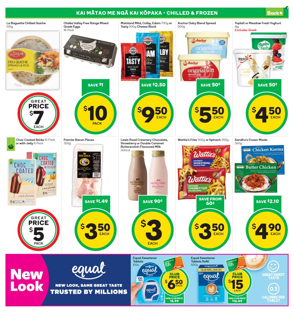 thumbnail - Countdown mailer - 20.09.2021 - 26.09.2021 - Sales products - baguette, Wattie's, bacon, Colby cheese, edam cheese, cheese, yoghurt, Yoplait, milk, flavoured milk, dairy blend, eggs, Anchor, potato fries, quiche, butterscotch, chocolate, jelly, sweetener, caramel. Page 15.