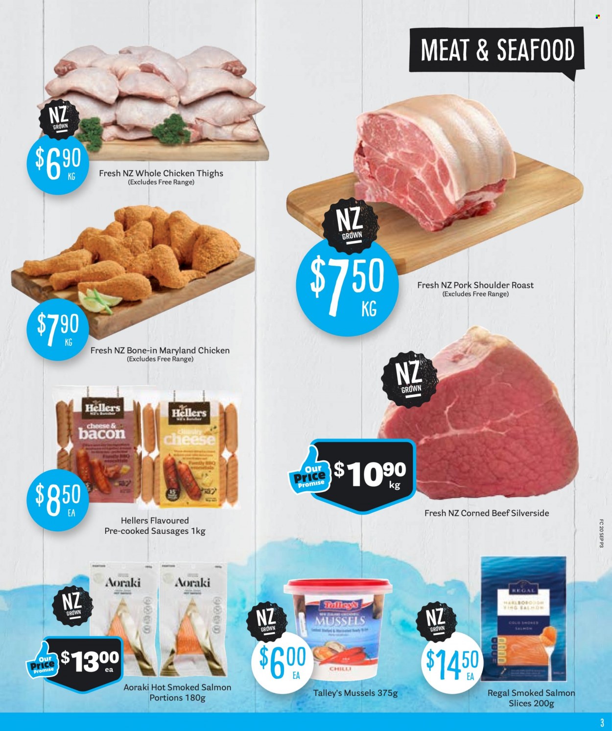 thumbnail - Fresh Choice mailer - 20.09.2021 - 26.09.2021 - Sales products - mussels, salmon, smoked salmon, seafood, bacon, sausage, corned beef, whole chicken, chicken thighs, beef meat, pork meat, pork roast, pork shoulder. Page 3.