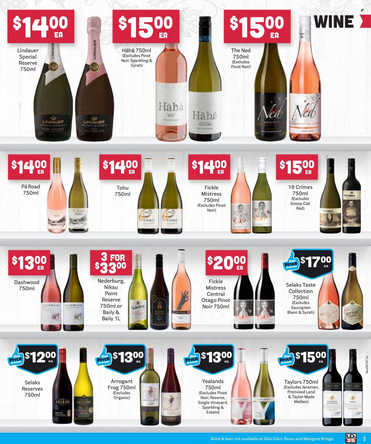thumbnail - Fresh Choice mailer - 20.09.2021 - 26.09.2021 - Sales products - red wine, sparkling wine, white wine, wine, Nederburg, Pinot Noir, Lindauer, Syrah, Sauvignon Blanc, beer. Page 9.