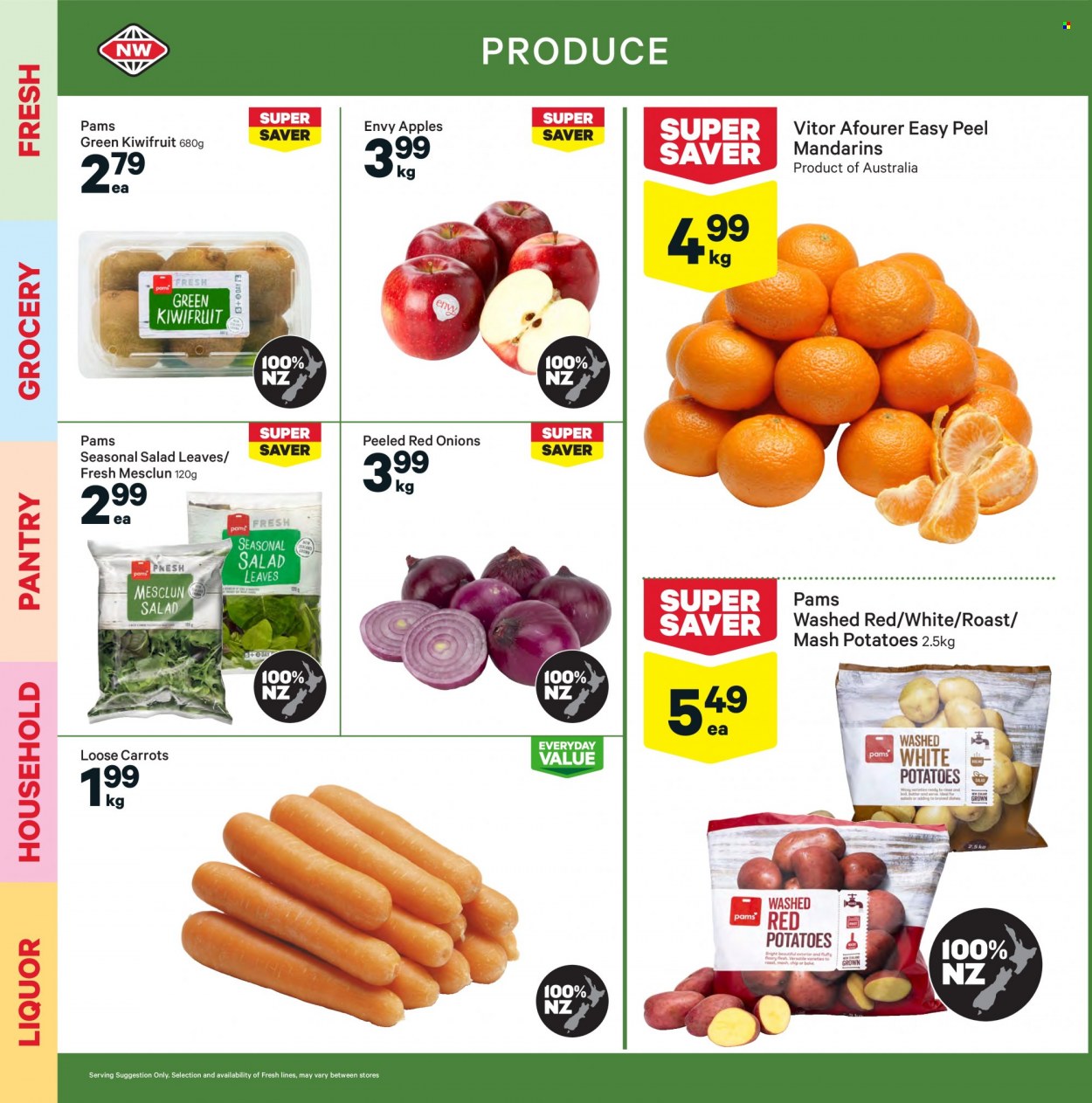 thumbnail - New World mailer - 20.09.2021 - 26.09.2021 - Sales products - carrots, red onions, potatoes, onion, salad, mesclun, red potatoes, kiwi, mandarines, apples, liquor. Page 4.