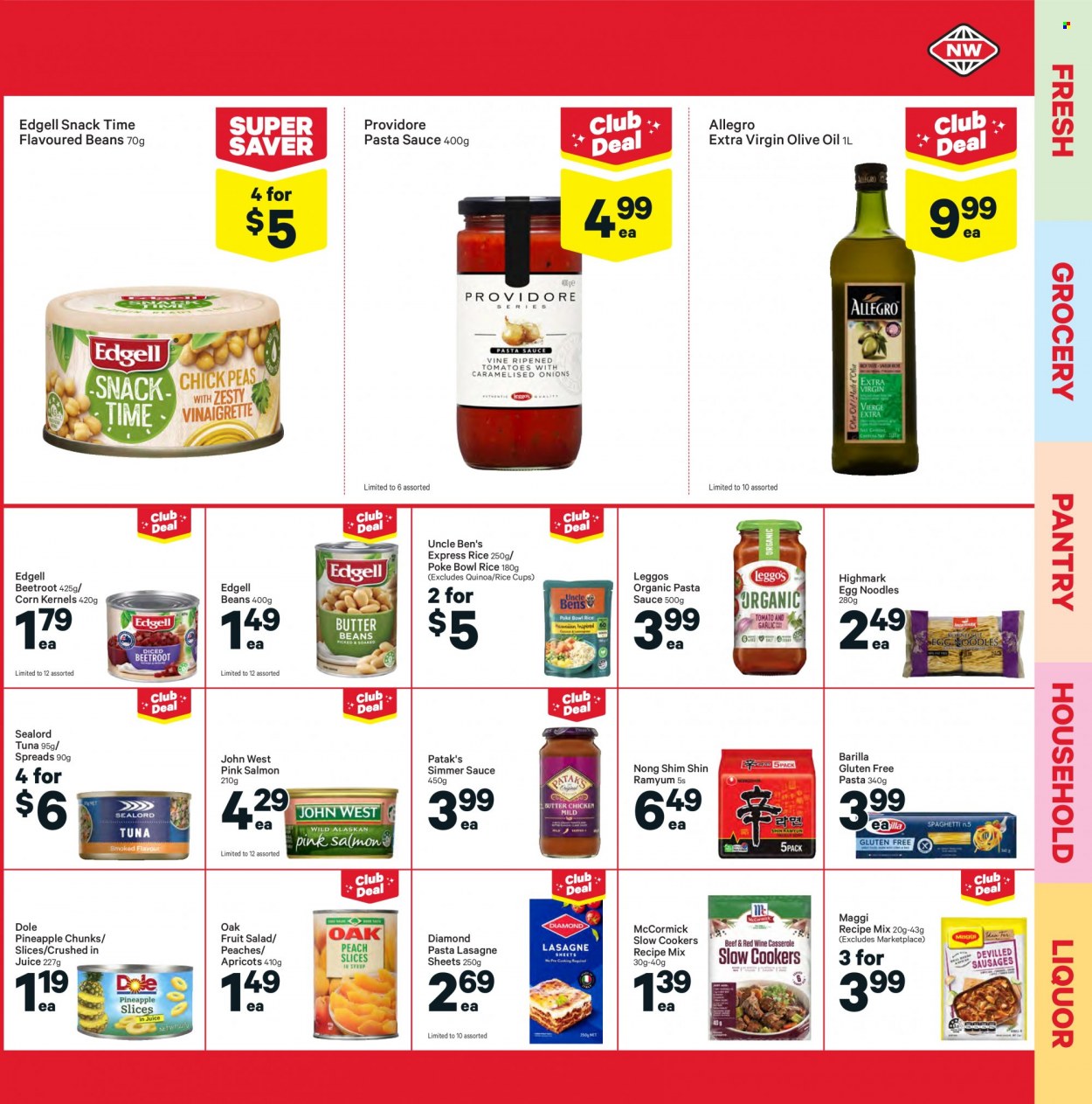 thumbnail - New World mailer - 20.09.2021 - 26.09.2021 - Sales products - beans, corn, Dole, pineapple, apricots, peaches, salmon, tuna, Sealord, pasta sauce, sauce, Barilla, noodles, snack, Maggi, Uncle Ben's, sealord tuna, fruit salad, lasagne sheets, quinoa, rice, egg noodles, extra virgin olive oil, olive oil, oil, juice, liquor, cup, bowl. Page 11.